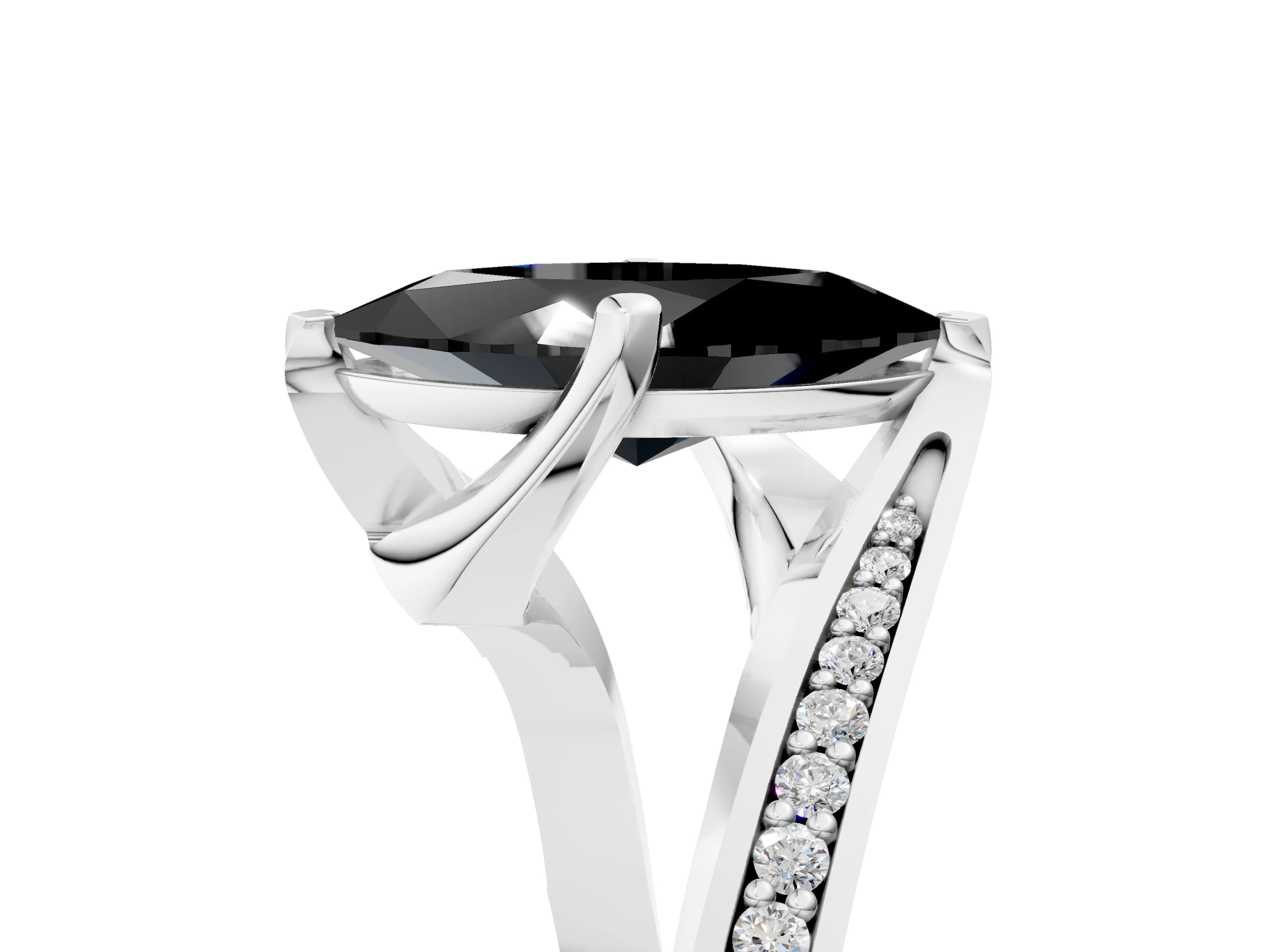 White gold Fancy Black Marquise Cut Solitaire Diamond Twist Band with Pavé Setting and Four-Prong Setting_5