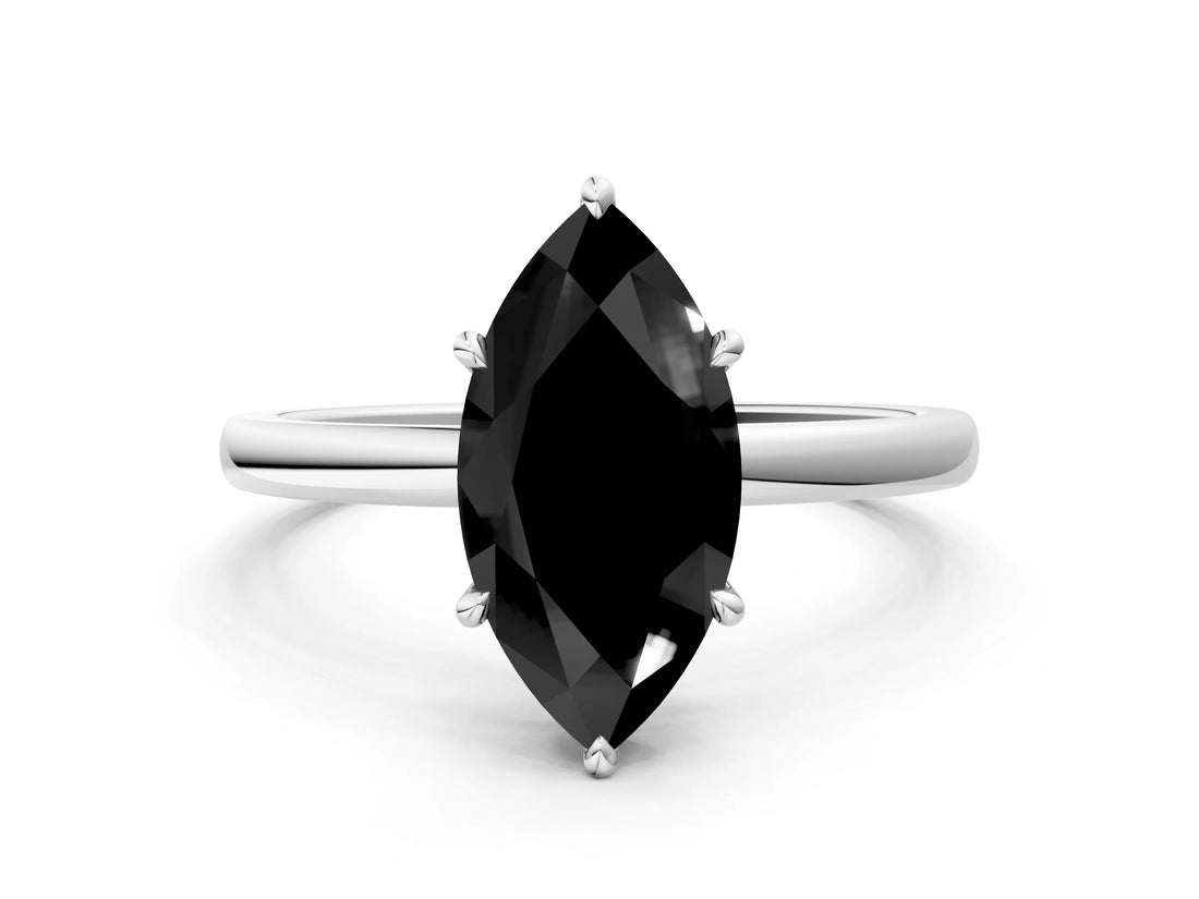 White gold Fancy Black Marquise Cut Solitaire Engagement Ring with Cathedral Band and Four-Prong Setting