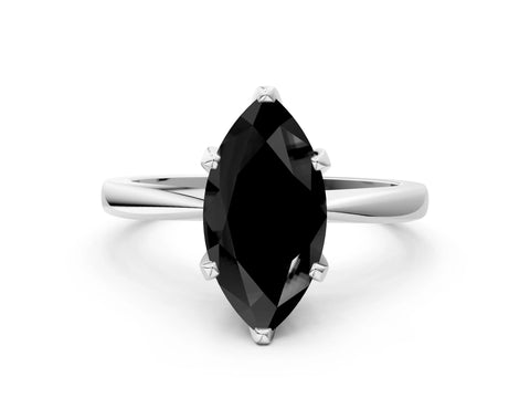 White gold Fancy Black Marquise Cut Solitaire Engagement Ring with Six-Prong Setting and Tapered Band