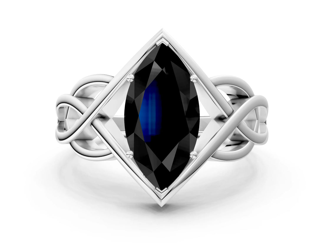 White gold Fancy Black Marquise Cut Solitaire Intertwined Band Prong Setting Ring