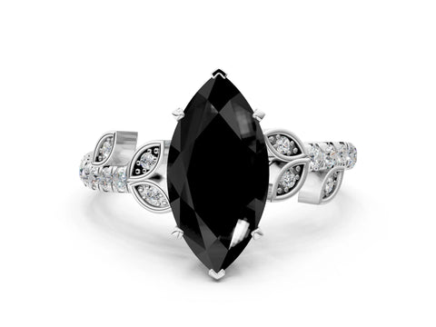 White gold Fancy Black Marquise Cut Solitaire Leaf-Inspired Diamond Ring with Pavé Band and Four-Prong Setting_24