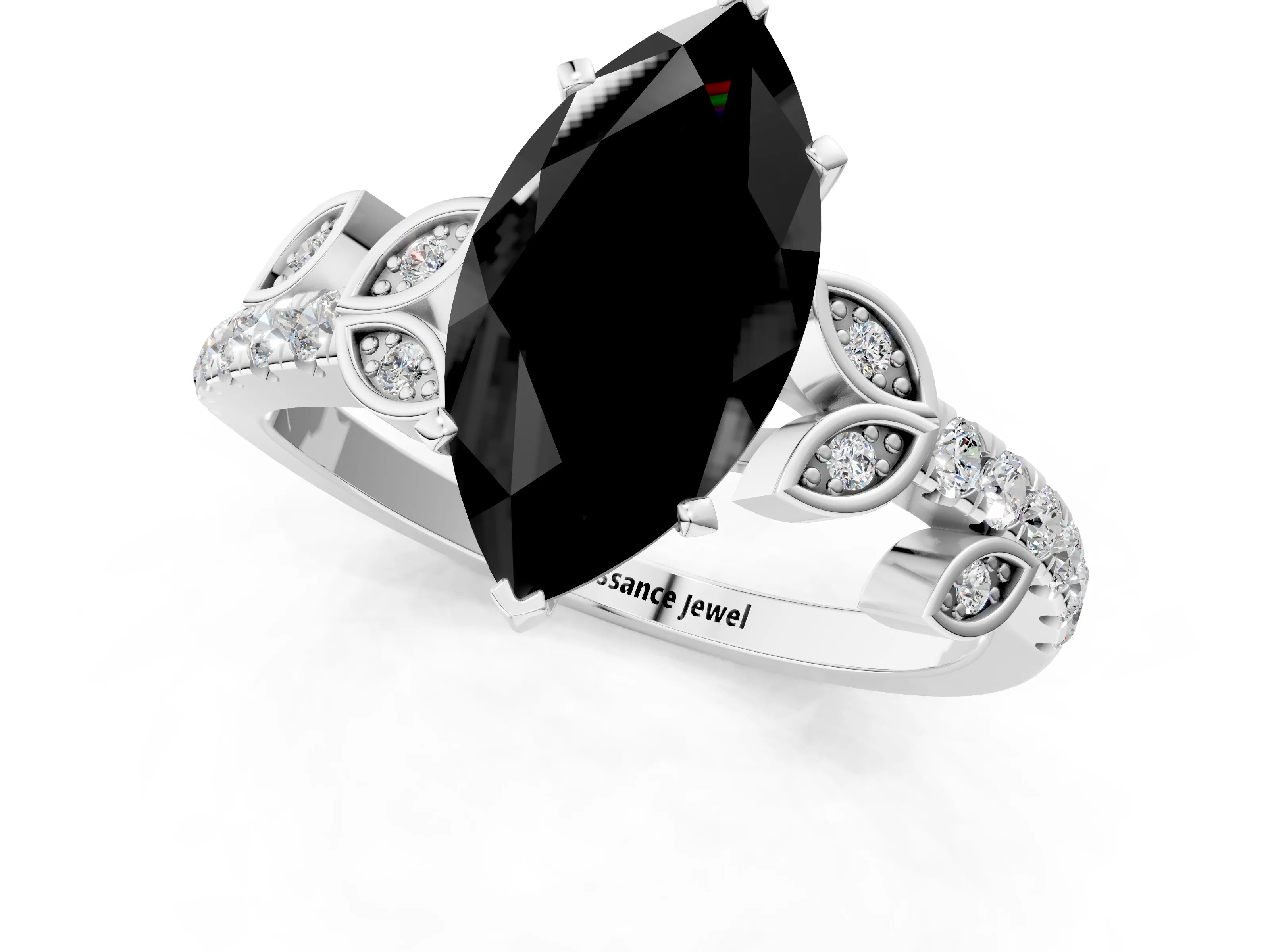 White gold Fancy Black Marquise Cut Solitaire Leaf-Inspired Diamond Ring with Pavé Band and Four-Prong Setting_25