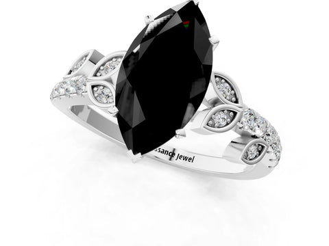 White gold Fancy Black Marquise Cut Solitaire Leaf-Inspired Diamond Ring with Pavé Band and Four-Prong Setting_25