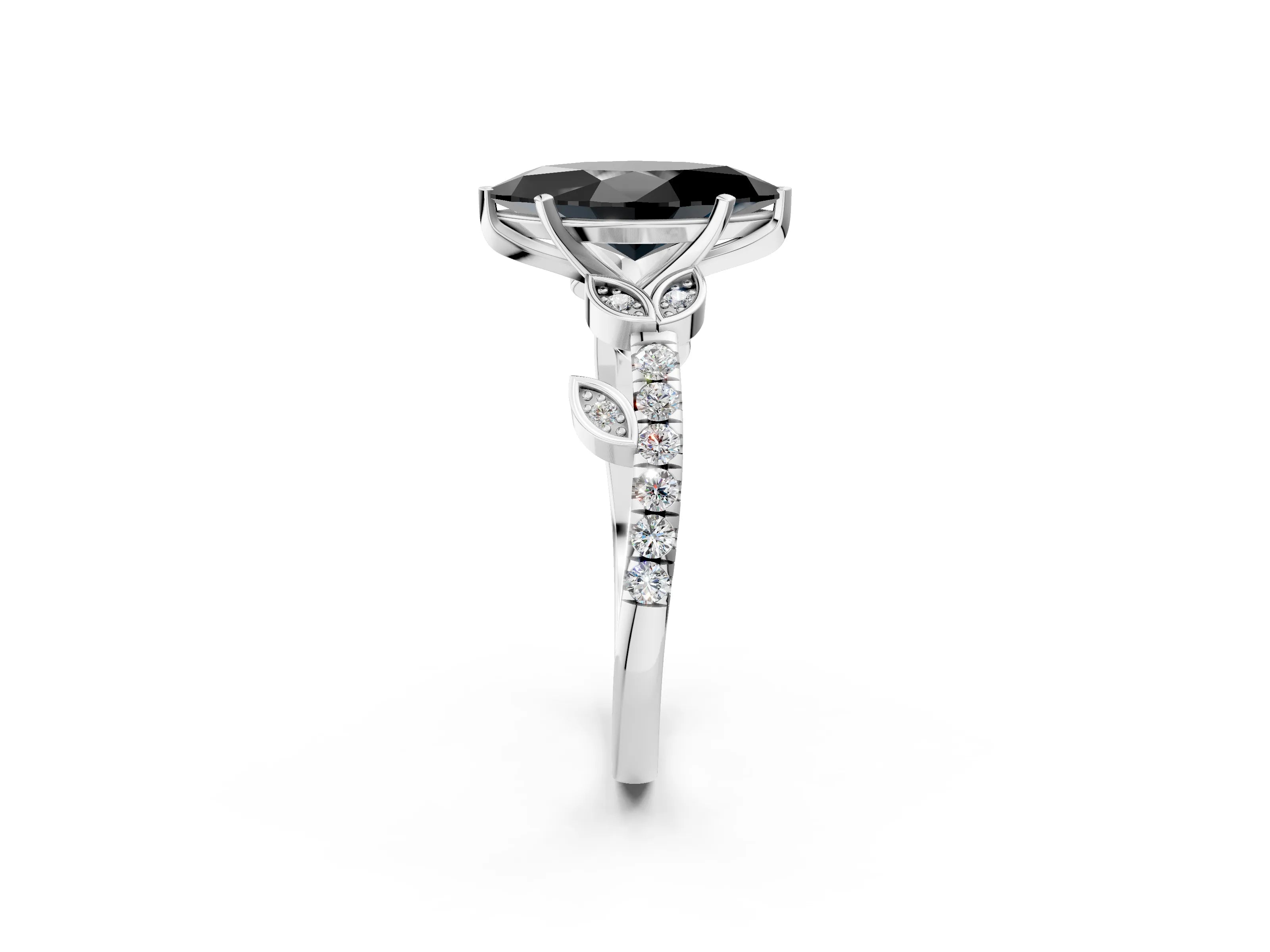 White gold Fancy Black Marquise Cut Solitaire Leaf-Inspired Diamond Ring with Pavé Band and Four-Prong Setting_26
