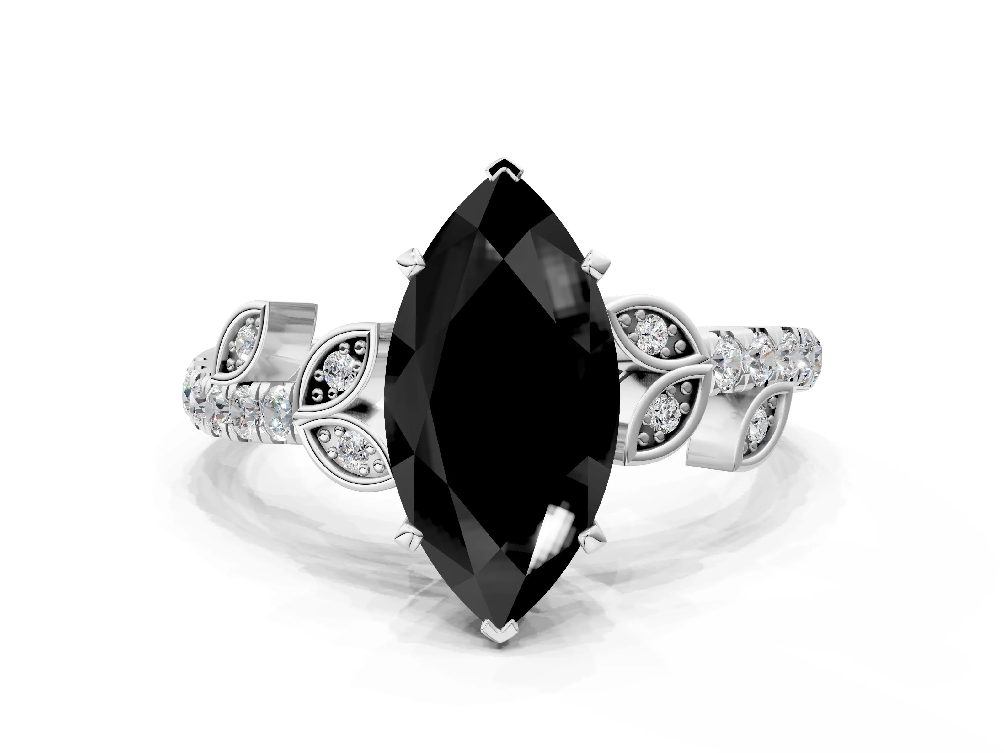 White gold Fancy Black Marquise Cut Solitaire Leaf-Inspired Diamond Ring with Pavé Band and Four-Prong Setting_32