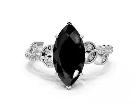 White gold Fancy Black Marquise Cut Solitaire Leaf-Inspired Diamond Ring with Pavé Band and Four-Prong Setting_32