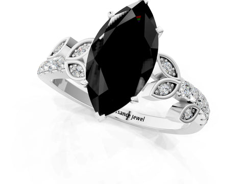 White gold Fancy Black Marquise Cut Solitaire Leaf-Inspired Diamond Ring with Pavé Band and Four-Prong Setting_37