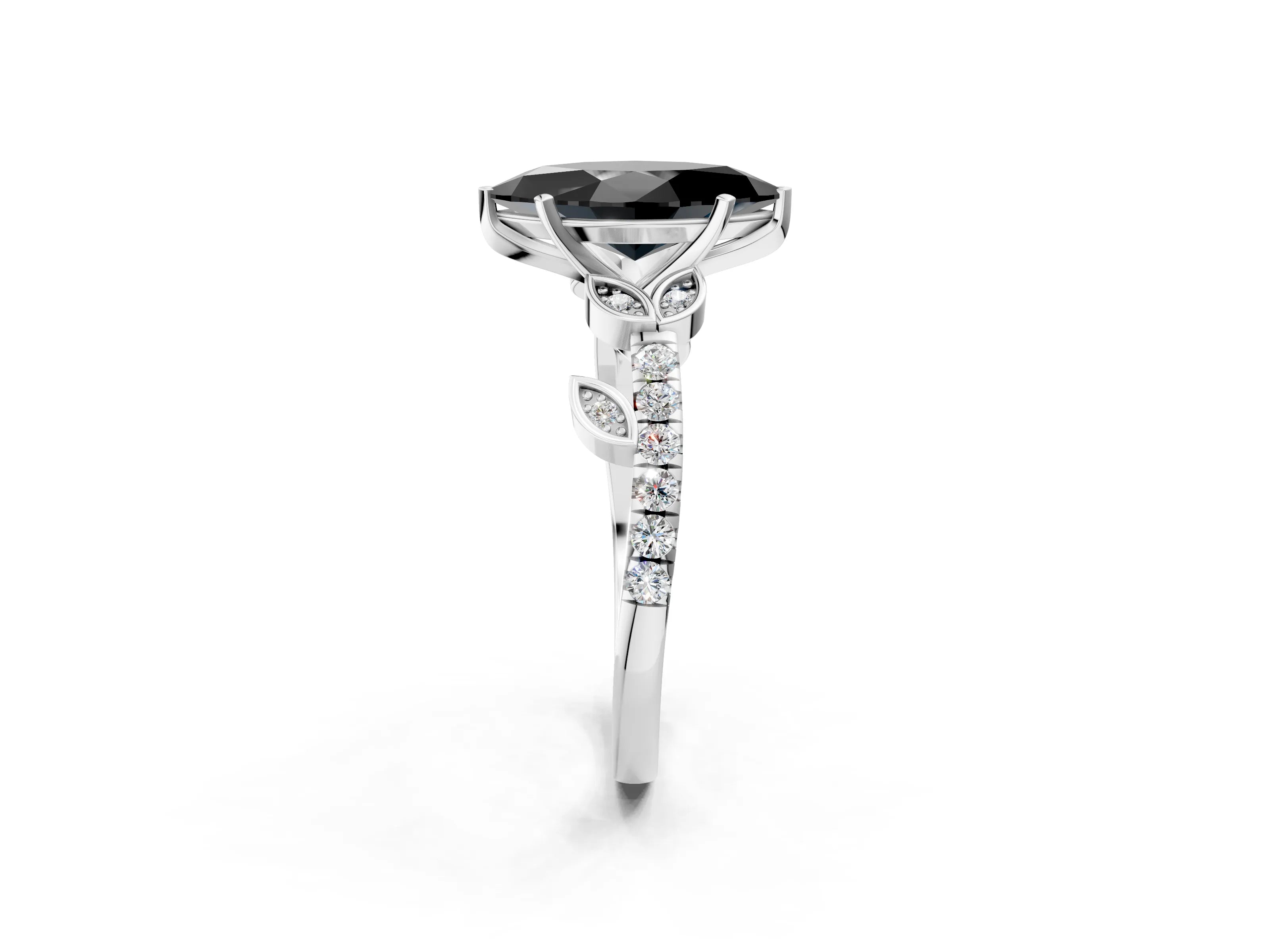 White gold Fancy Black Marquise Cut Solitaire Leaf-Inspired Diamond Ring with Pavé Band and Four-Prong Setting_38