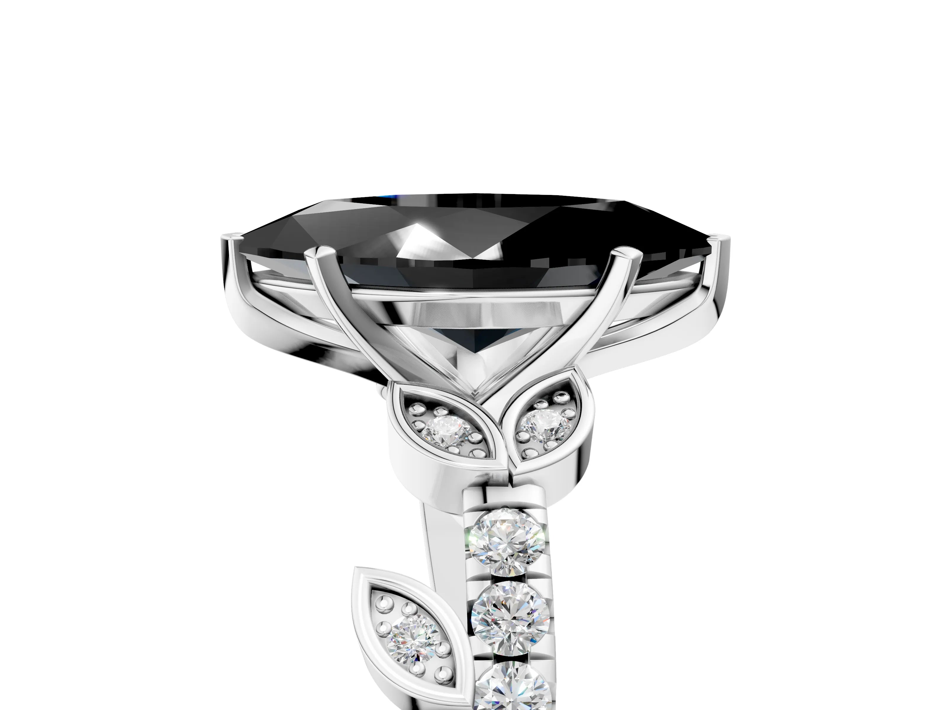 White gold Fancy Black Marquise Cut Solitaire Leaf-Inspired Diamond Ring with Pavé Band and Four-Prong Setting_41