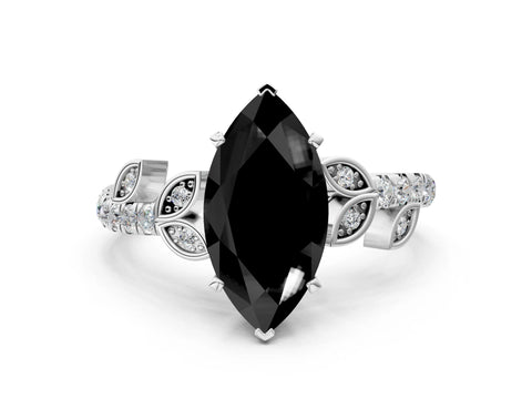 White gold Fancy Black Marquise Cut Solitaire Leaf-Inspired Diamond Ring with Pavé Band and Four-Prong Setting_44