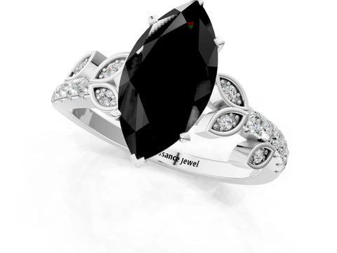 White gold Fancy Black Marquise Cut Solitaire Leaf-Inspired Diamond Ring with Pavé Band and Four-Prong Setting_45