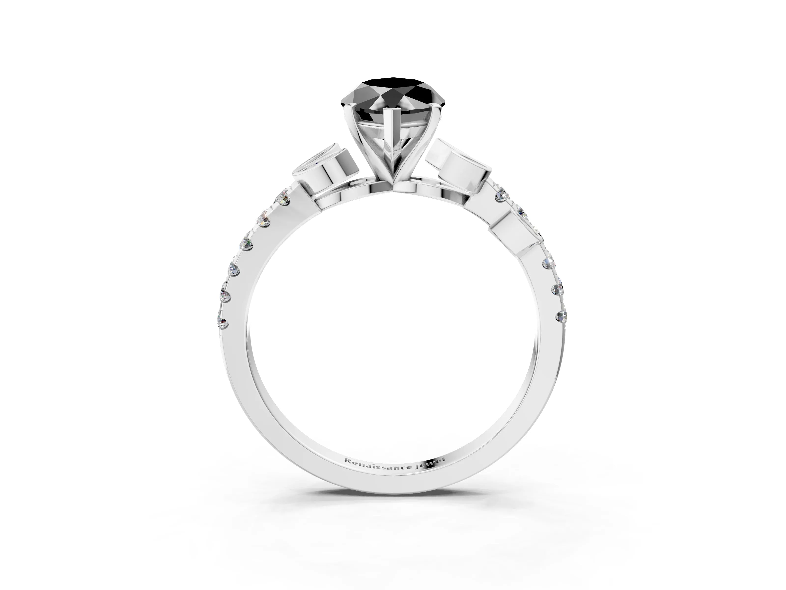 White gold Fancy Black Marquise Cut Solitaire Leaf-Inspired Diamond Ring with Pavé Band and Four-Prong Setting_47