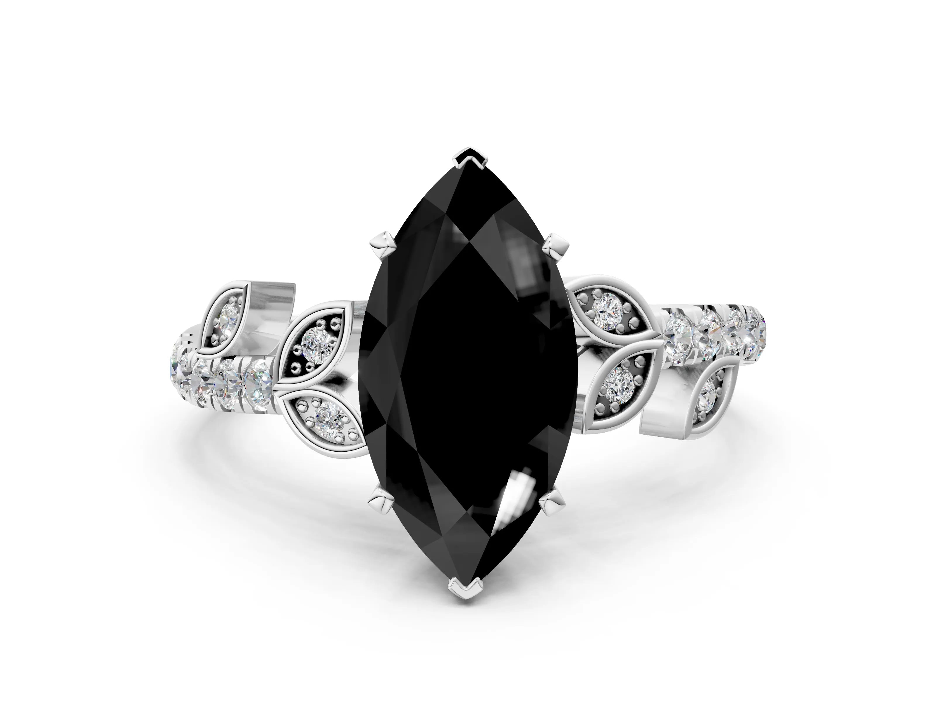 White gold Fancy Black Marquise Cut Solitaire Leaf-Inspired Diamond Ring with Pavé Band and Four-Prong Setting_48