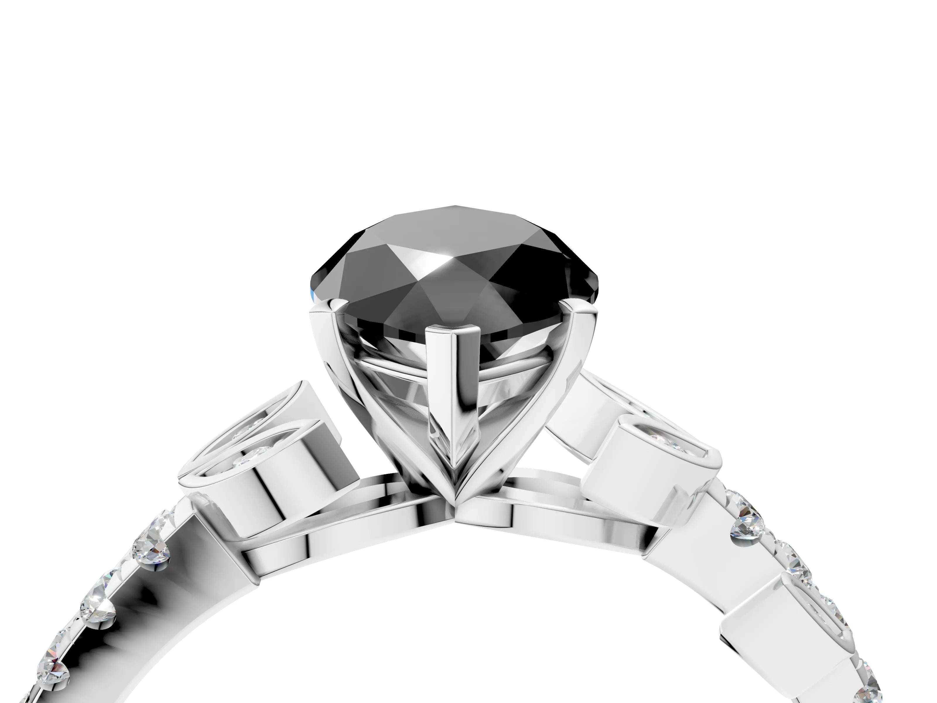 White gold Fancy Black Marquise Cut Solitaire Leaf-Inspired Diamond Ring with Pavé Band and Four-Prong Setting_48