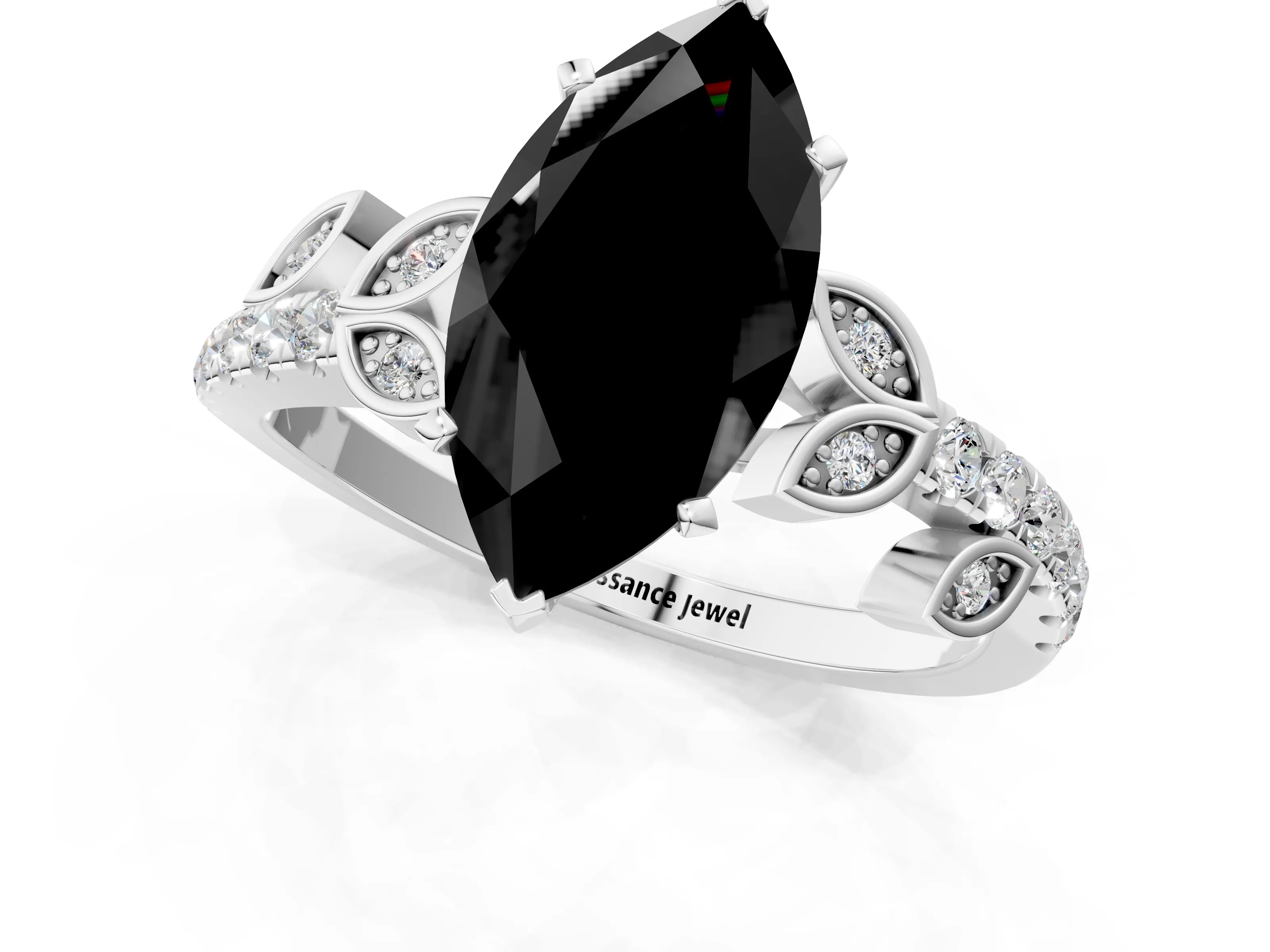 White gold Fancy Black Marquise Cut Solitaire Leaf-Inspired Diamond Ring with Pavé Band and Four-Prong Setting_49