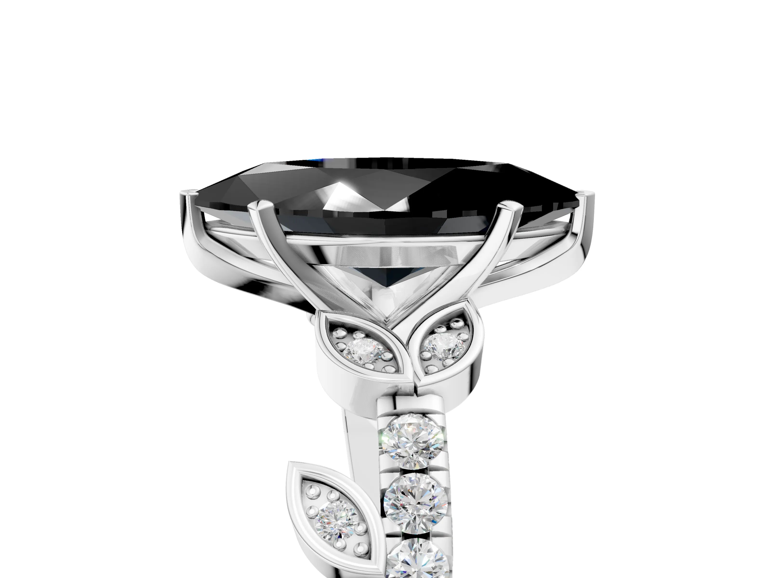 White gold Fancy Black Marquise Cut Solitaire Leaf-Inspired Diamond Ring with Pavé Band and Four-Prong Setting_49