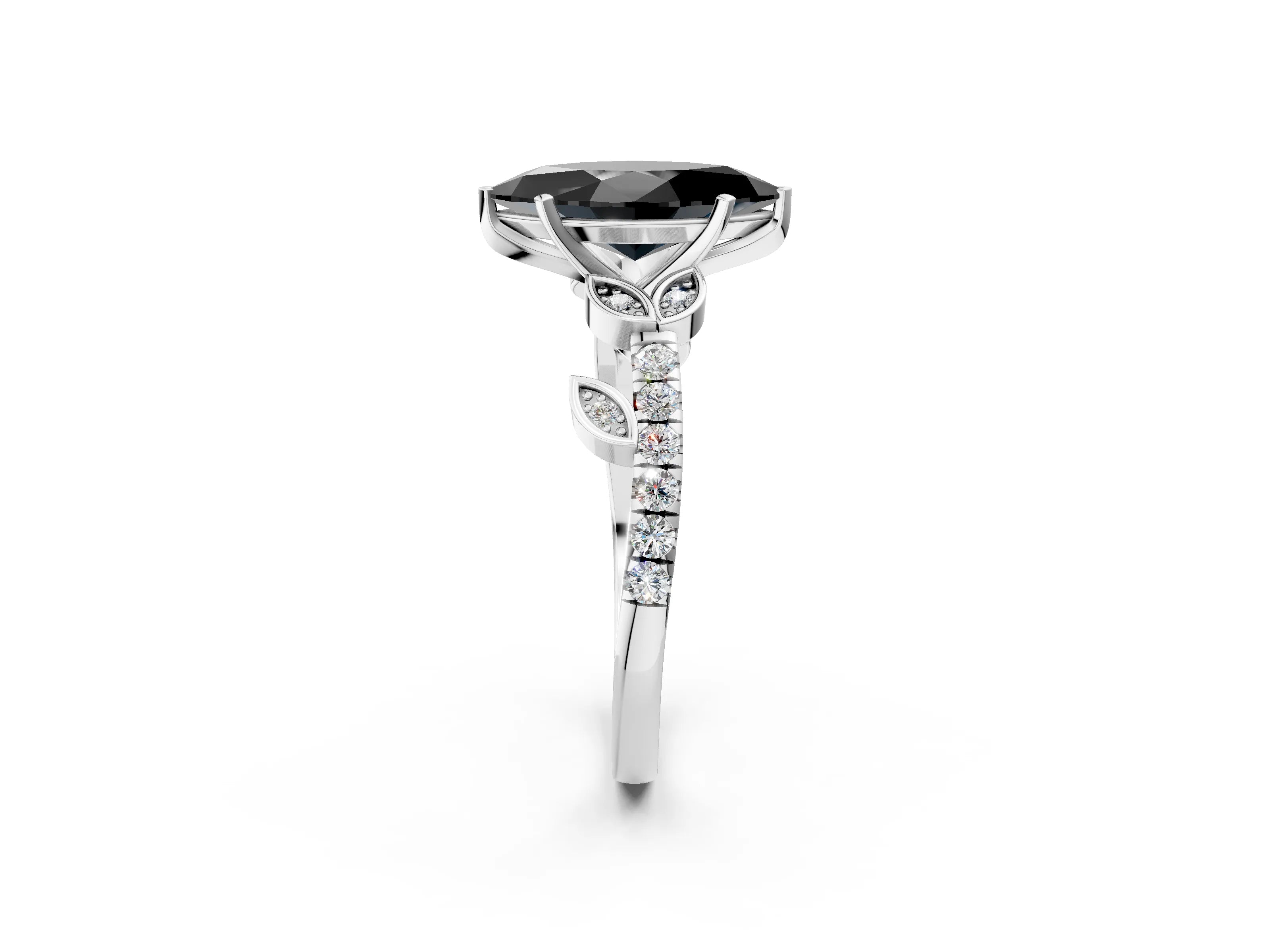 White gold Fancy Black Marquise Cut Solitaire Leaf-Inspired Diamond Ring with Pavé Band and Four-Prong Setting_50