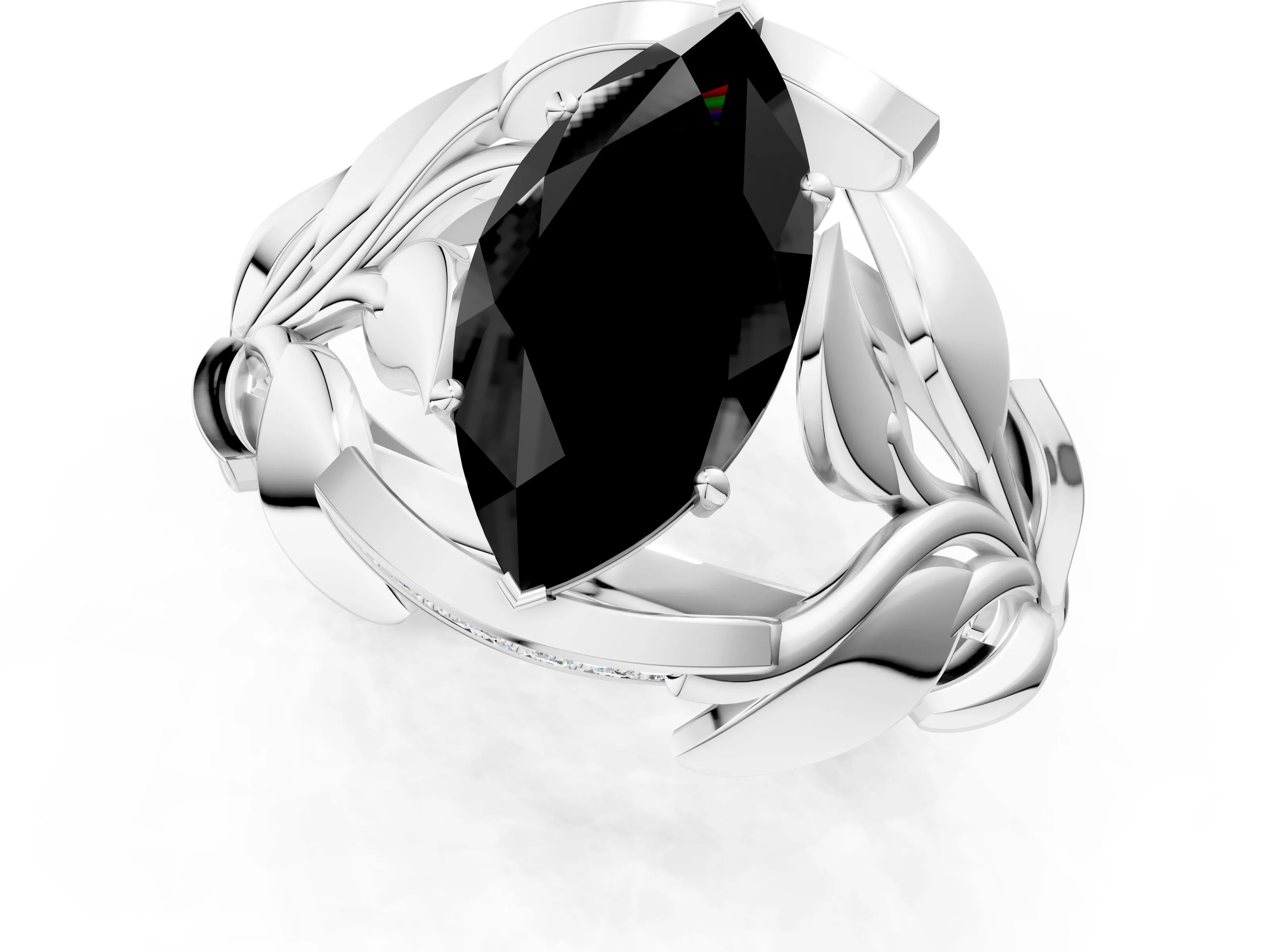 White gold Fancy Black Marquise Cut Solitaire Leaf-Inspired Engagement Ring with Prong Setting_1