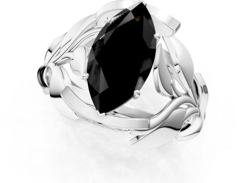 White gold Fancy Black Marquise Cut Solitaire Leaf-Inspired Engagement Ring with Prong Setting_1