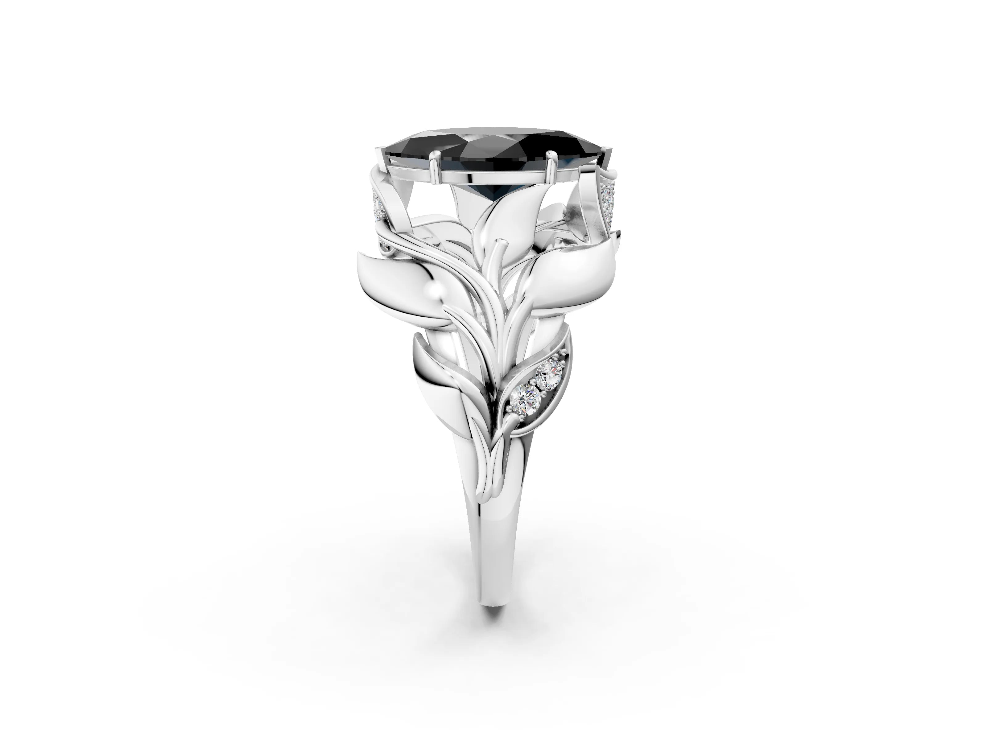 White gold Fancy Black Marquise Cut Solitaire Leaf-Inspired Engagement Ring with Prong Setting_2