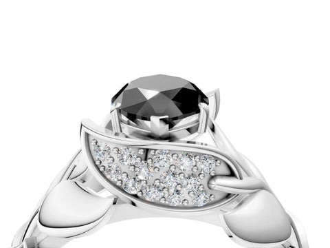White gold Fancy Black Marquise Cut Solitaire Leaf-Inspired Engagement Ring with Prong Setting_4