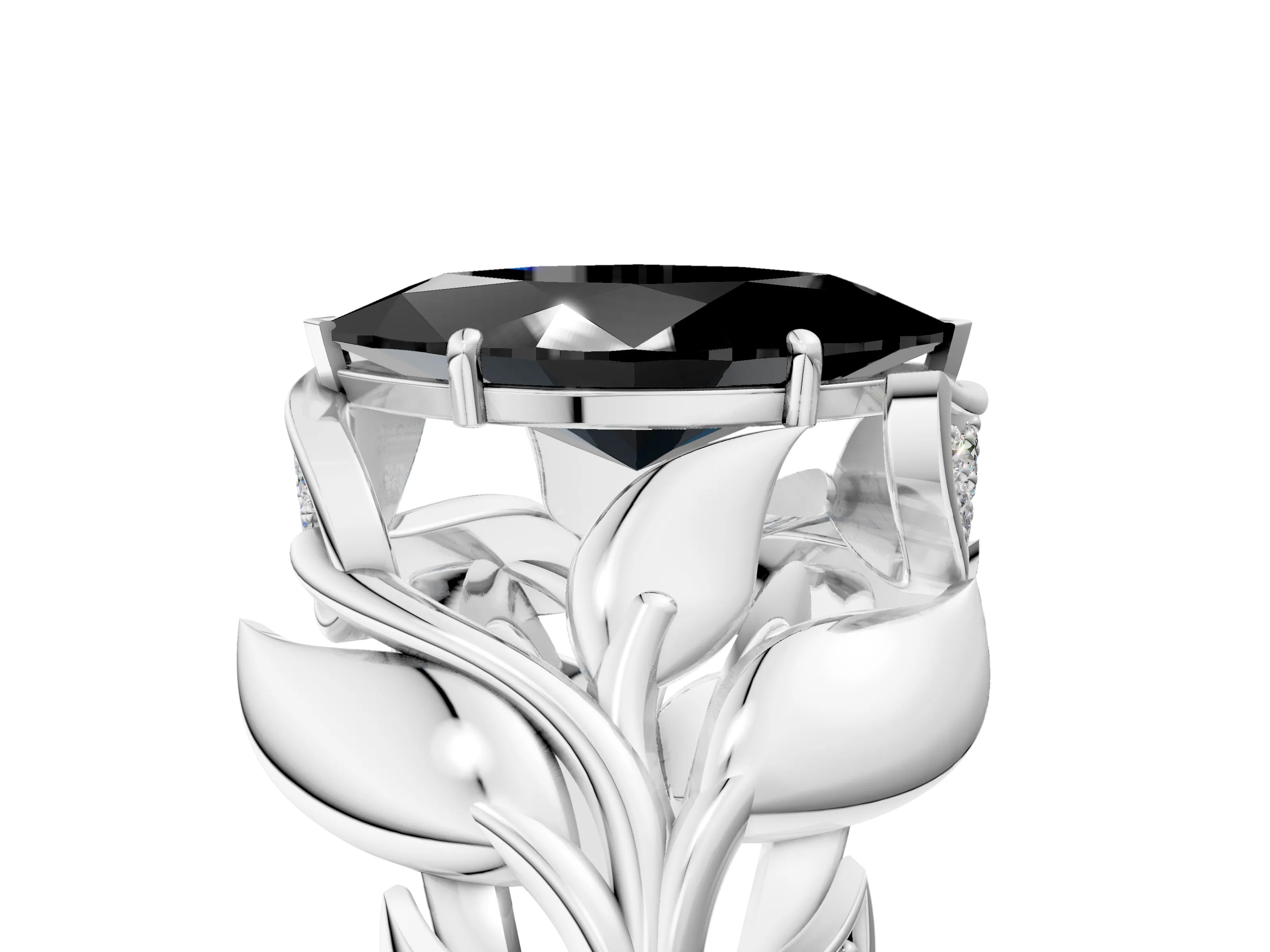 White gold Fancy Black Marquise Cut Solitaire Leaf-Inspired Engagement Ring with Prong Setting_5