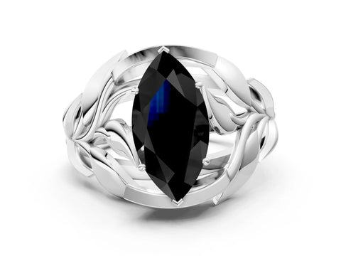 White gold Fancy Black Marquise Cut Solitaire Leaf-Inspired Engagement Ring with Prong Setting