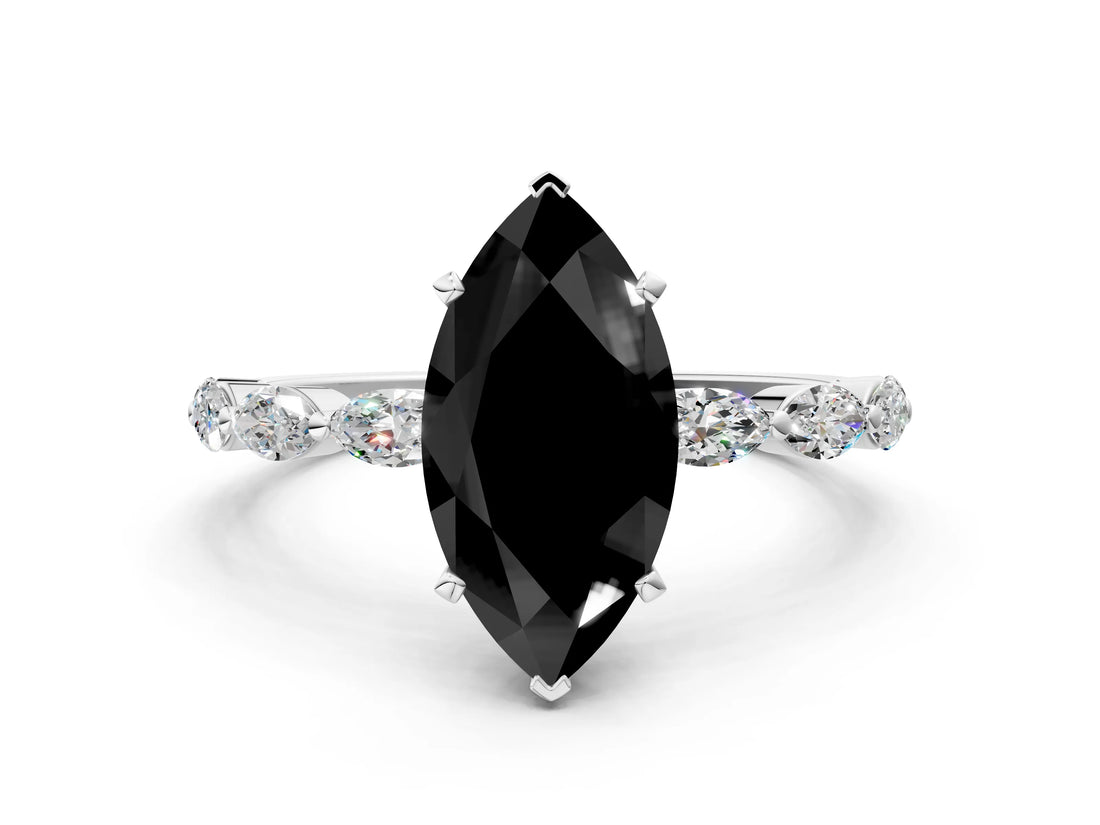 White gold Fancy Black Marquise Cut Solitaire Marquise Side Stone Prong Setting Ring