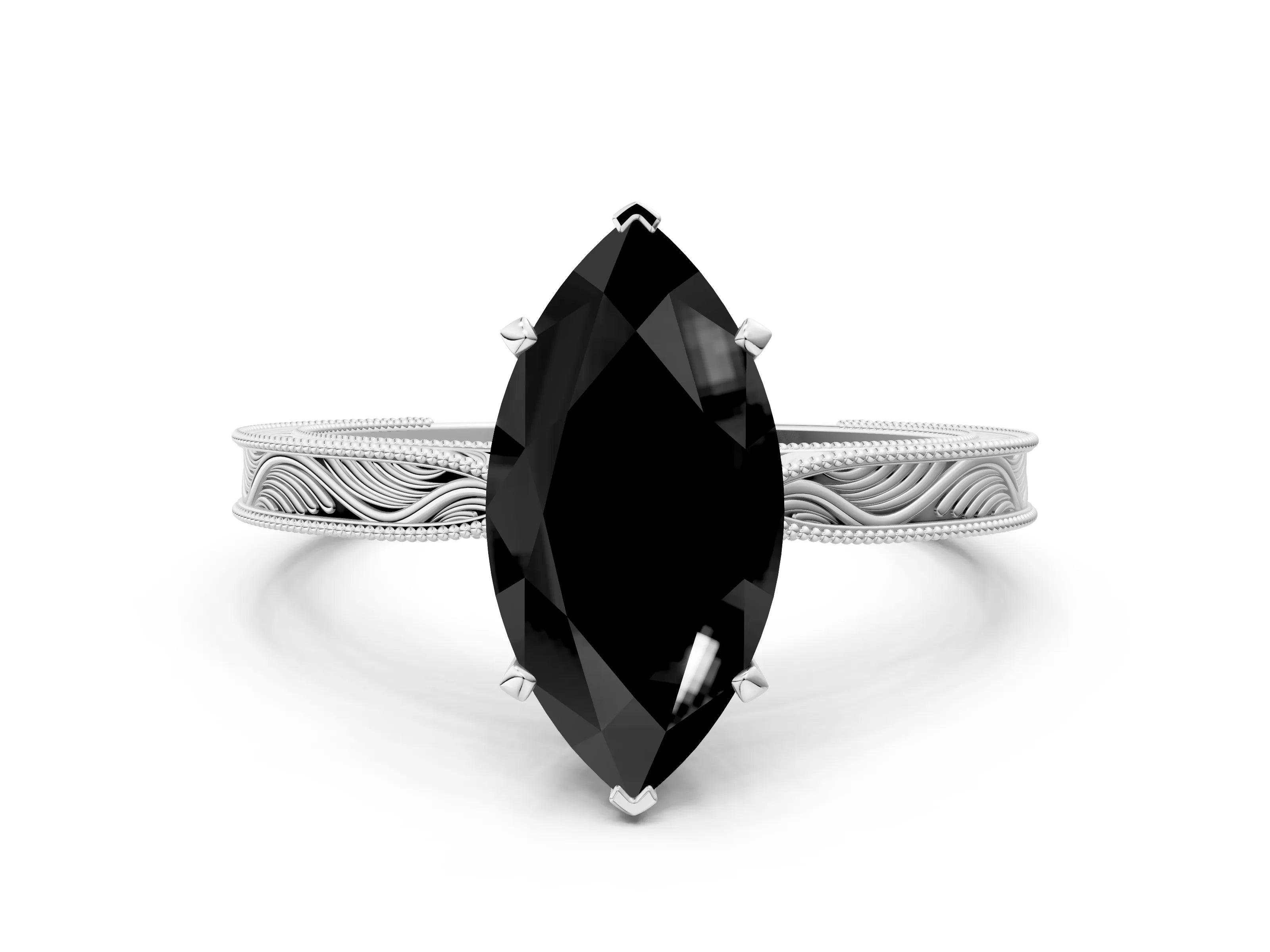 White gold Fancy Black Marquise Cut Solitaire Milgrain Engraved Band with Four-Prong Setting_12