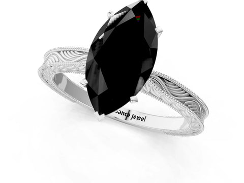 White gold Fancy Black Marquise Cut Solitaire Milgrain Engraved Band with Four-Prong Setting_13