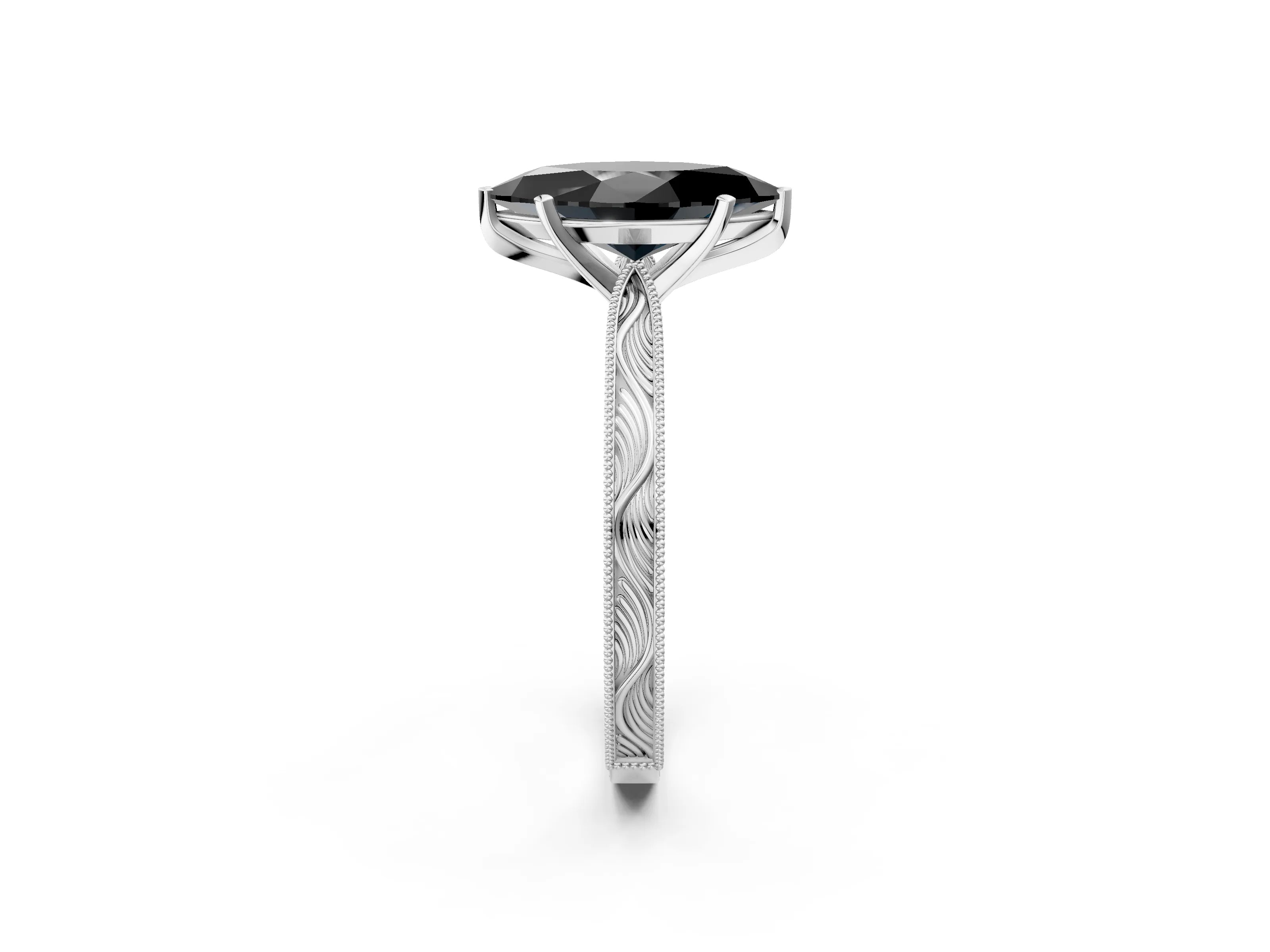 White gold Fancy Black Marquise Cut Solitaire Milgrain Engraved Band with Four-Prong Setting_14