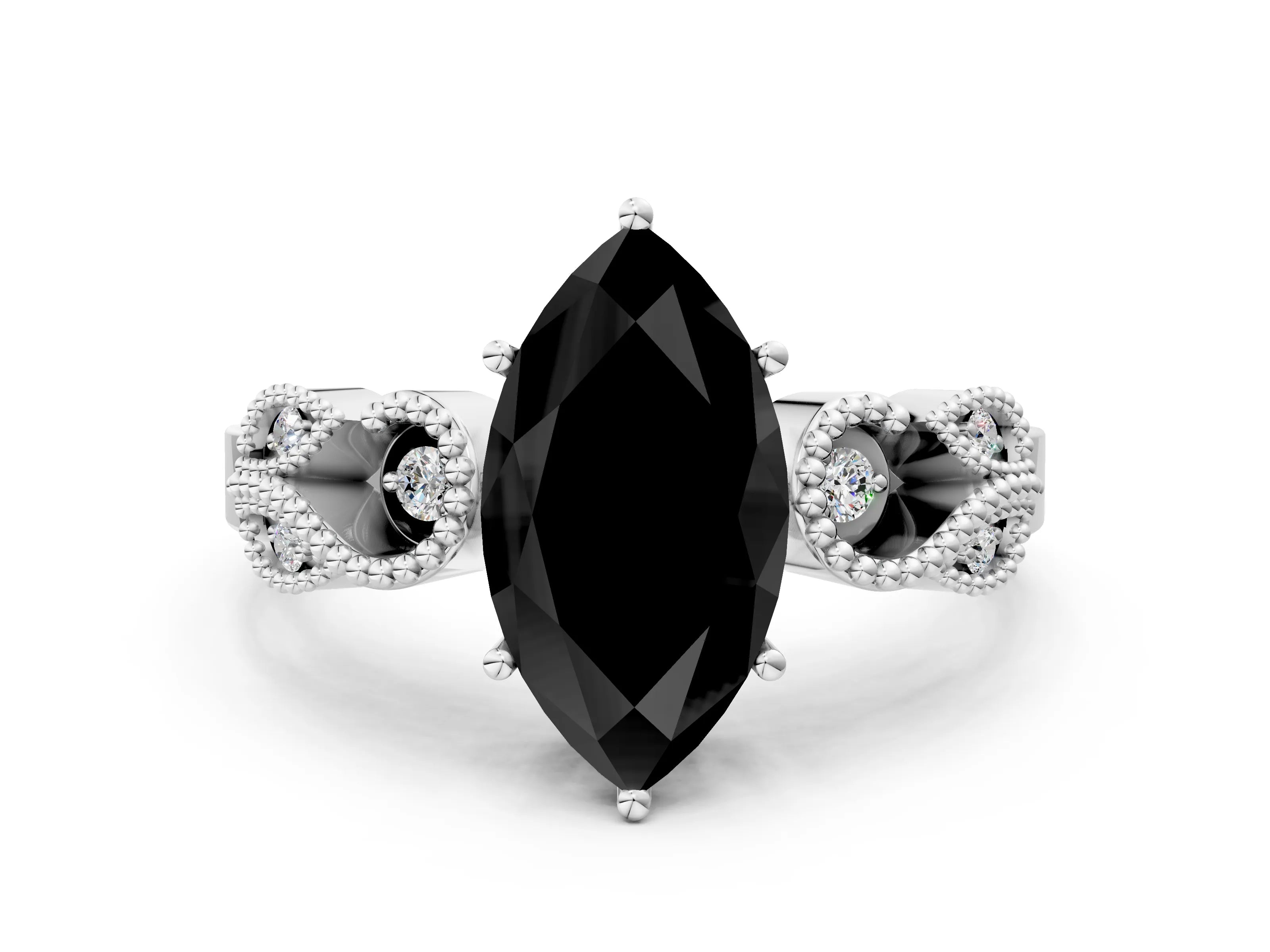 White gold Fancy Black Marquise Cut Solitaire Milgrain Leaf Band with Prong Setting