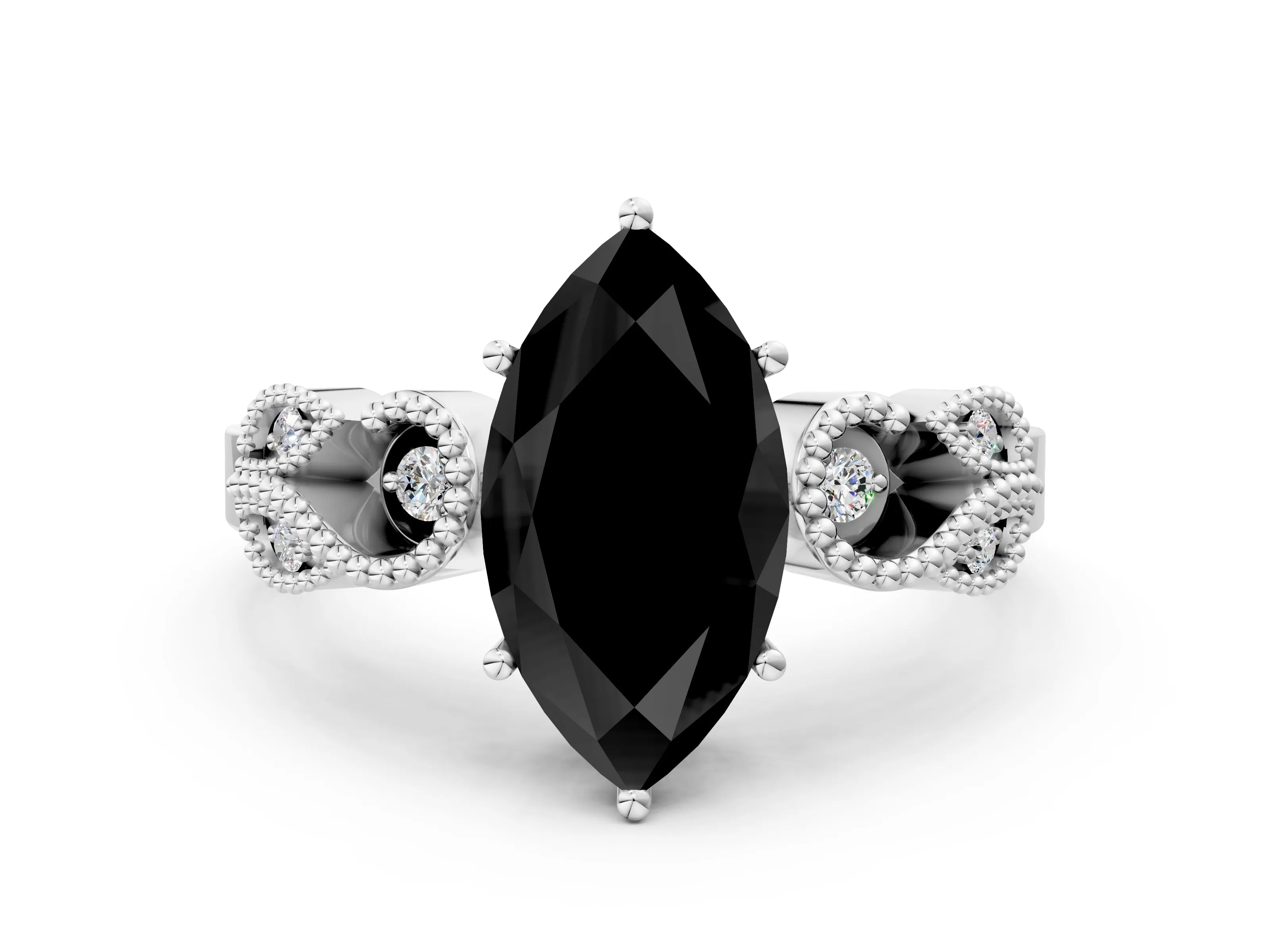 White gold Fancy Black Marquise Cut Solitaire Milgrain Leaf Band with Prong Setting_12