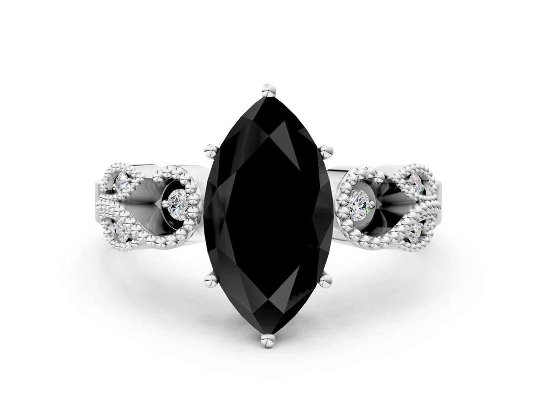 White gold Fancy Black Marquise Cut Solitaire Milgrain Leaf Band with Prong Setting_12