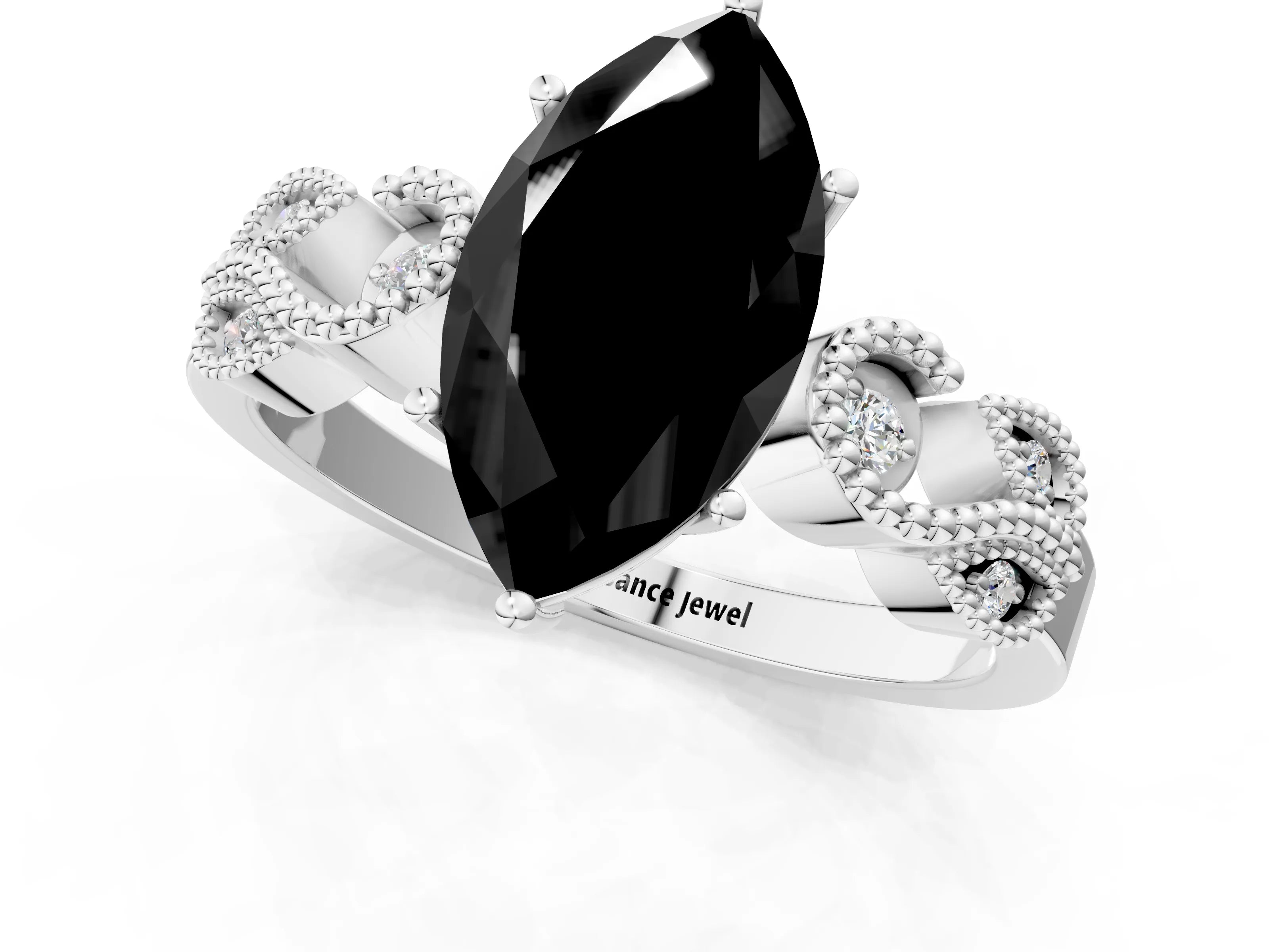 White gold Fancy Black Marquise Cut Solitaire Milgrain Leaf Band with Prong Setting_13