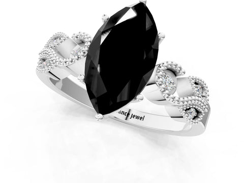 White gold Fancy Black Marquise Cut Solitaire Milgrain Leaf Band with Prong Setting_13