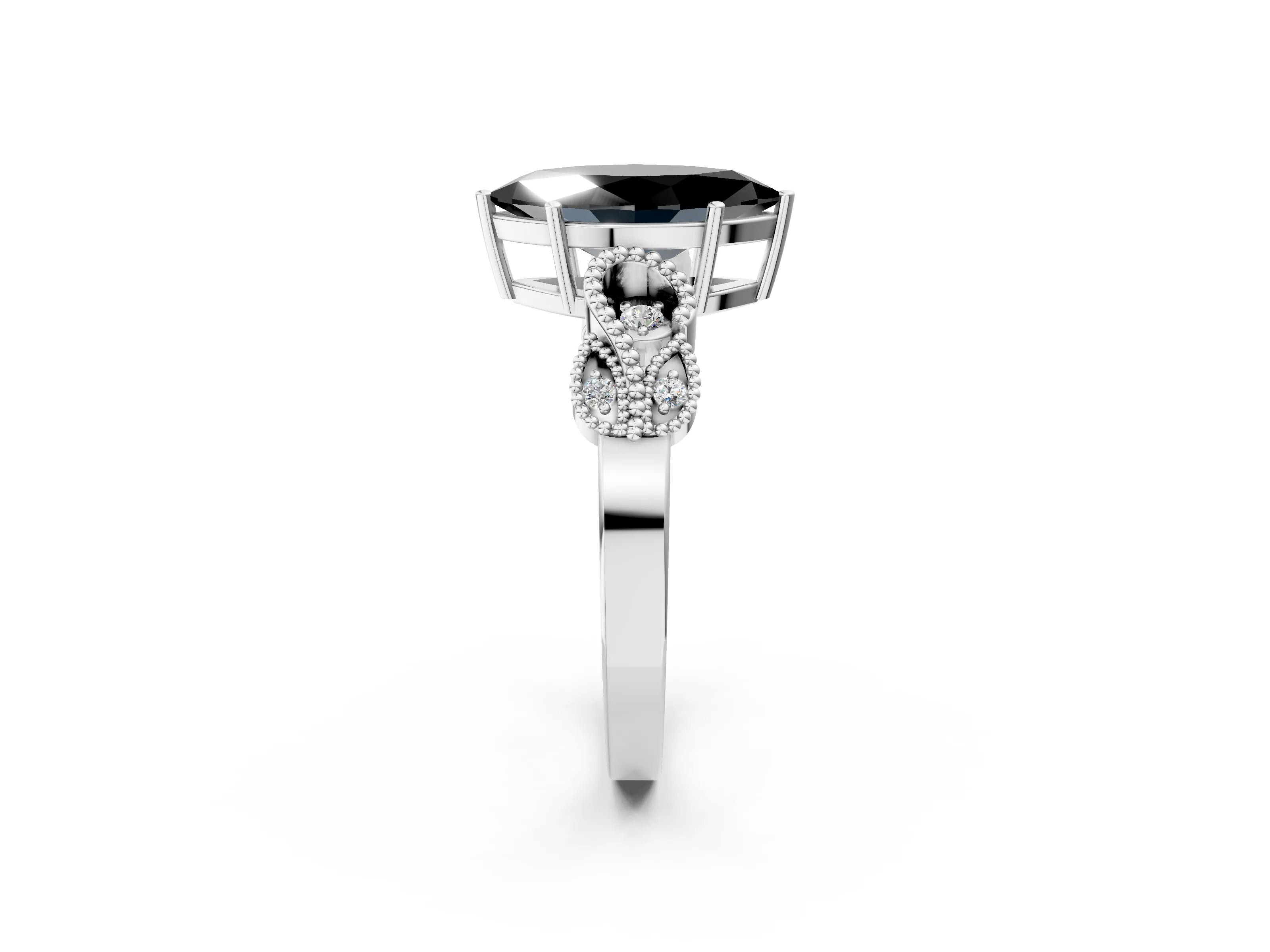 White gold Fancy Black Marquise Cut Solitaire Milgrain Leaf Band with Prong Setting_14