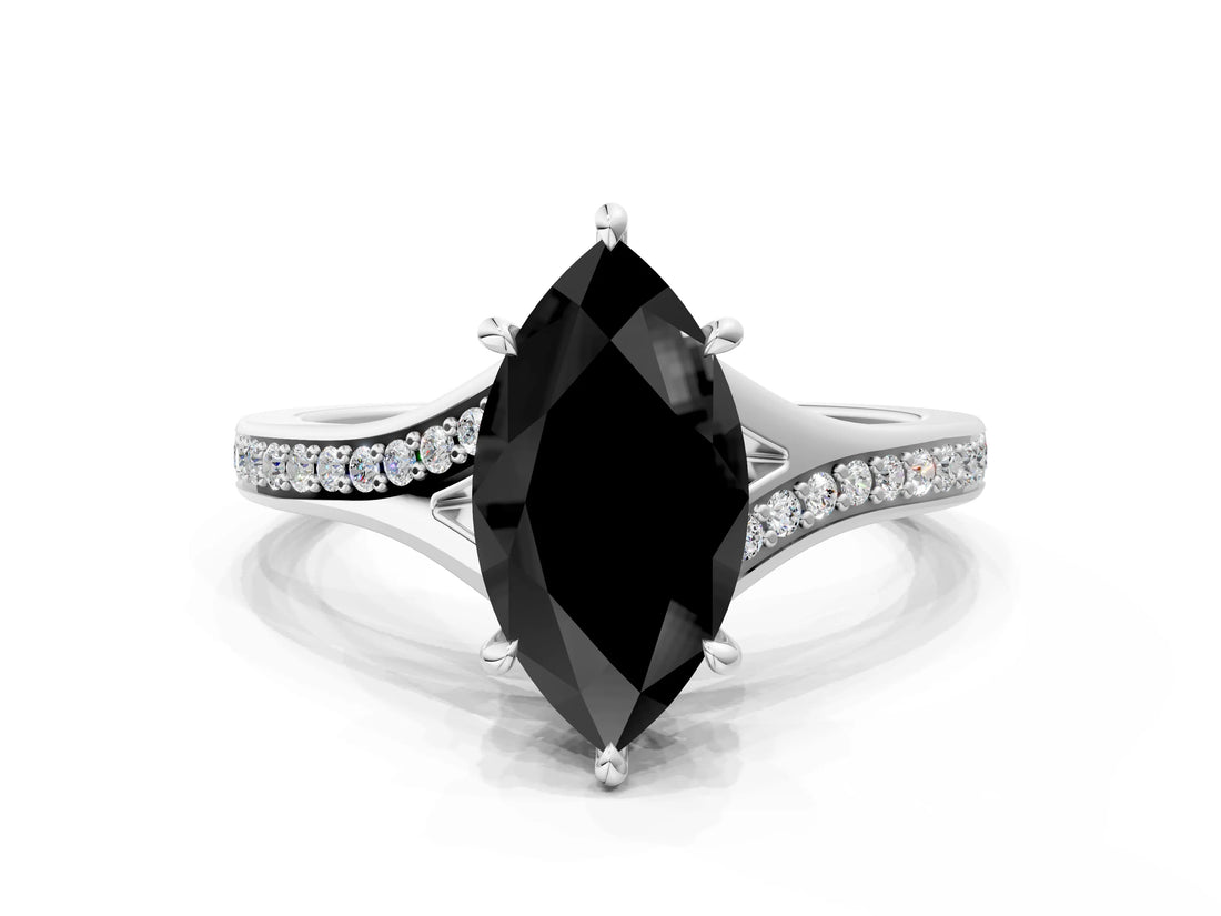 White gold Fancy Black Marquise Cut Solitaire Pavé Band with Four-Prong Setting