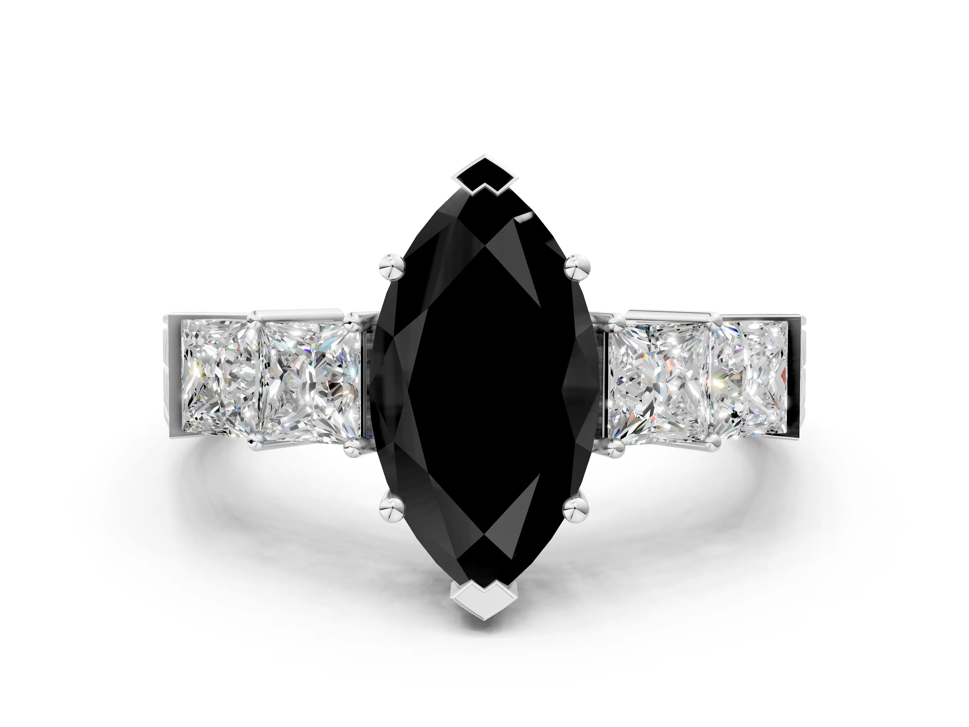 White gold Fancy Black Marquise Cut Solitaire Princess Side Stone Engraved Band Prong Setting Ring_12
