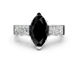 White gold Fancy Black Marquise Cut Solitaire Princess Side Stone Engraved Band Prong Setting Ring_12