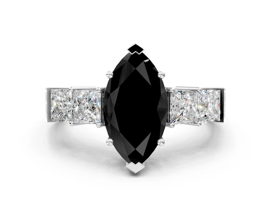 White gold Fancy Black Marquise Cut Solitaire Princess Side Stone Engraved Band Prong Setting Ring_12