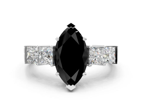 White gold Fancy Black Marquise Cut Solitaire Princess Side Stone Engraved Band Prong Setting Ring_12