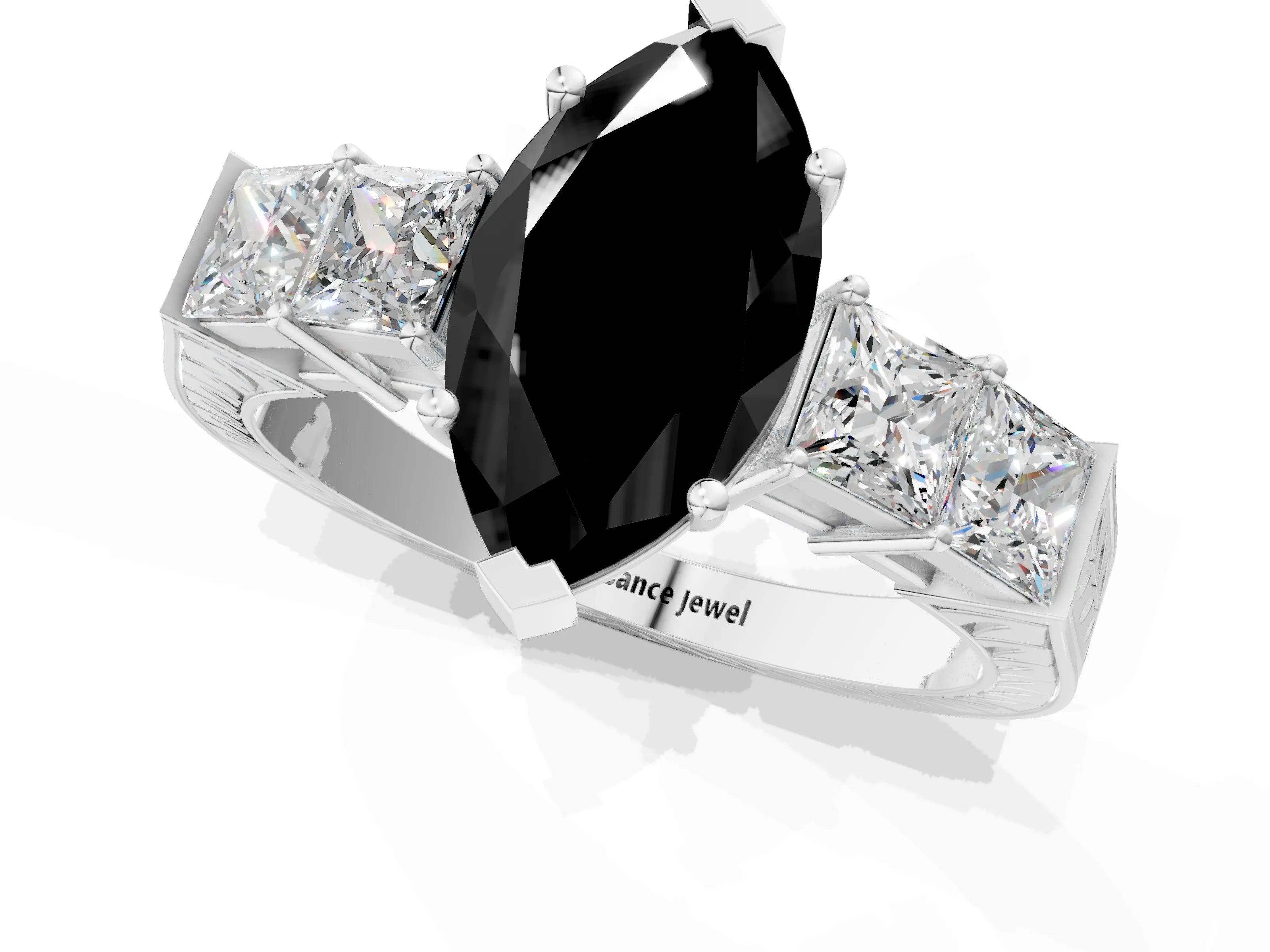 White gold Fancy Black Marquise Cut Solitaire Princess Side Stone Engraved Band Prong Setting Ring_13