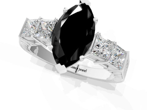 White gold Fancy Black Marquise Cut Solitaire Princess Side Stone Engraved Band Prong Setting Ring_13
