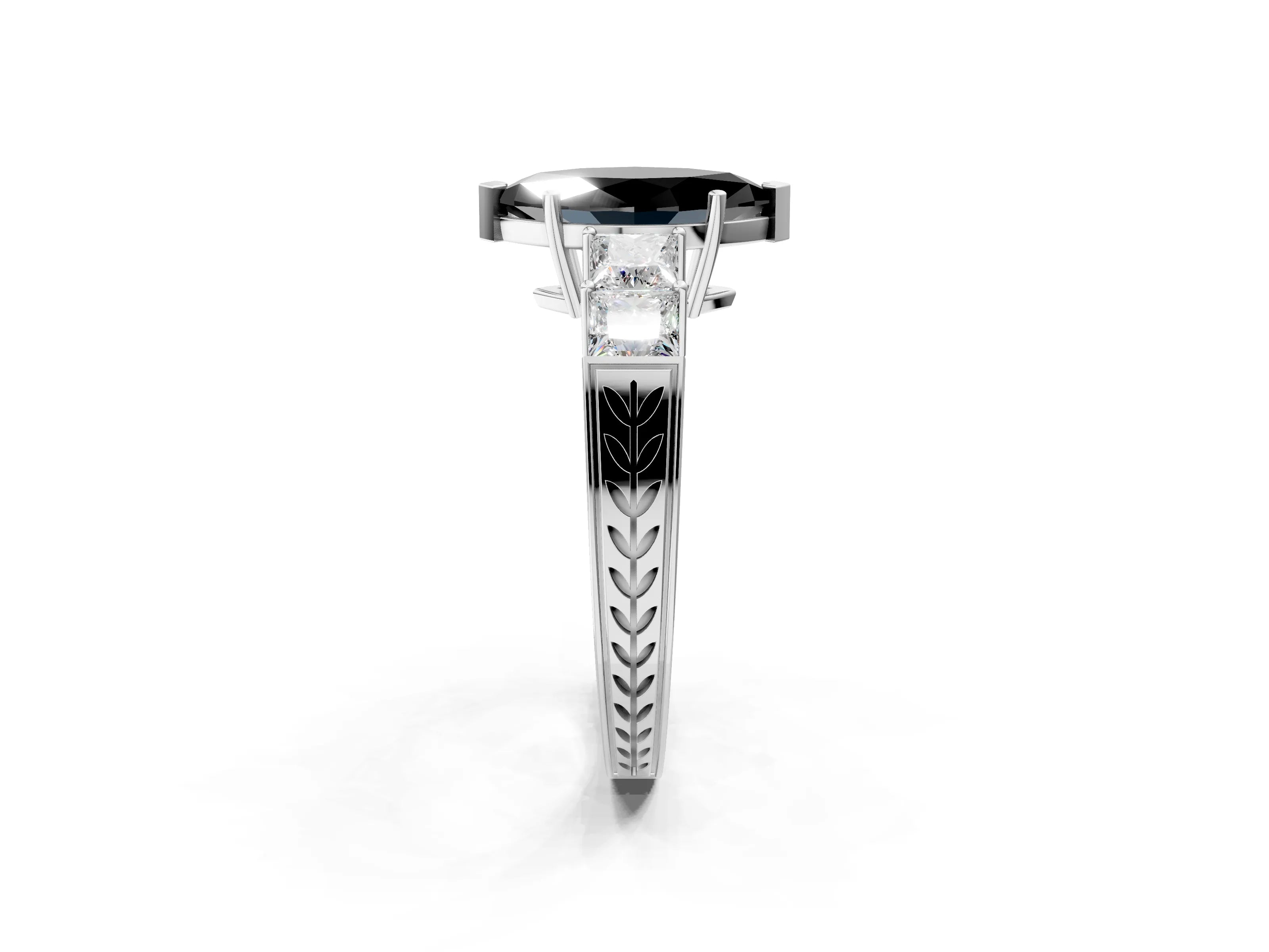 White gold Fancy Black Marquise Cut Solitaire Princess Side Stone Engraved Band Prong Setting Ring_14