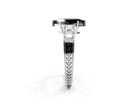 White gold Fancy Black Marquise Cut Solitaire Princess Side Stone Engraved Band Prong Setting Ring_14