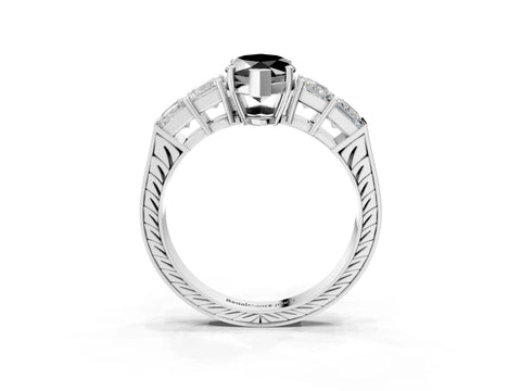 White gold Fancy Black Marquise Cut Solitaire Princess Side Stone Engraved Band Prong Setting Ring_15