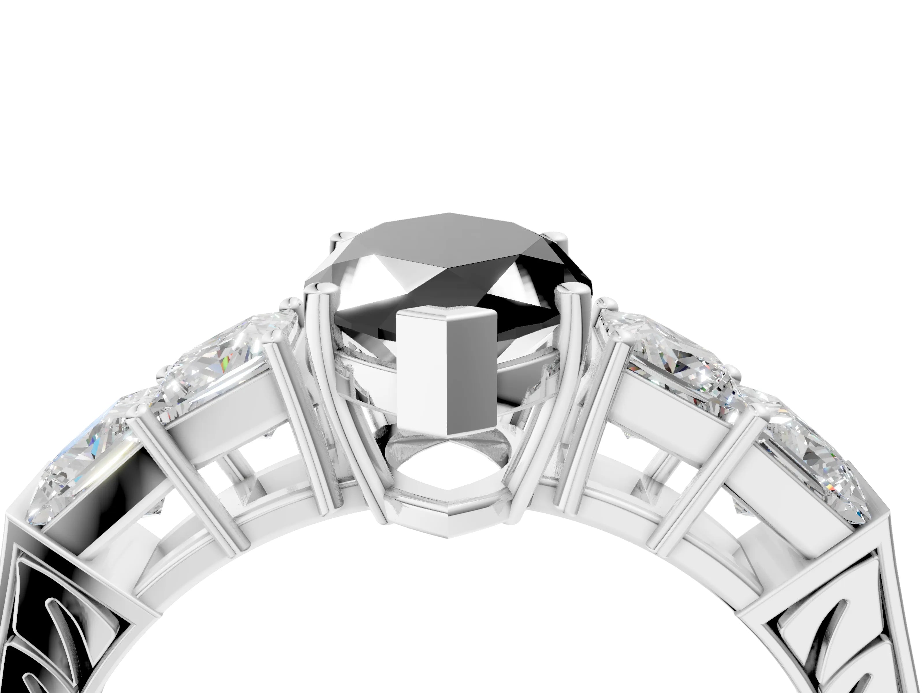 White gold Fancy Black Marquise Cut Solitaire Princess Side Stone Engraved Band Prong Setting Ring_16