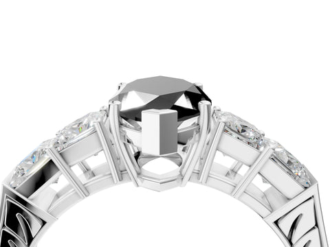 White gold Fancy Black Marquise Cut Solitaire Princess Side Stone Engraved Band Prong Setting Ring_16