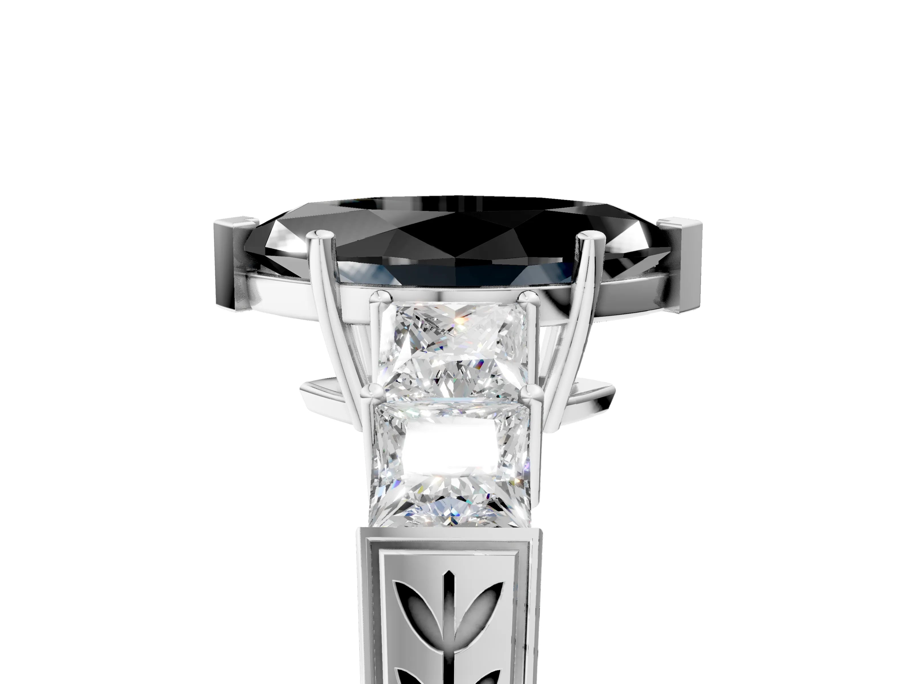 White gold Fancy Black Marquise Cut Solitaire Princess Side Stone Engraved Band Prong Setting Ring_17